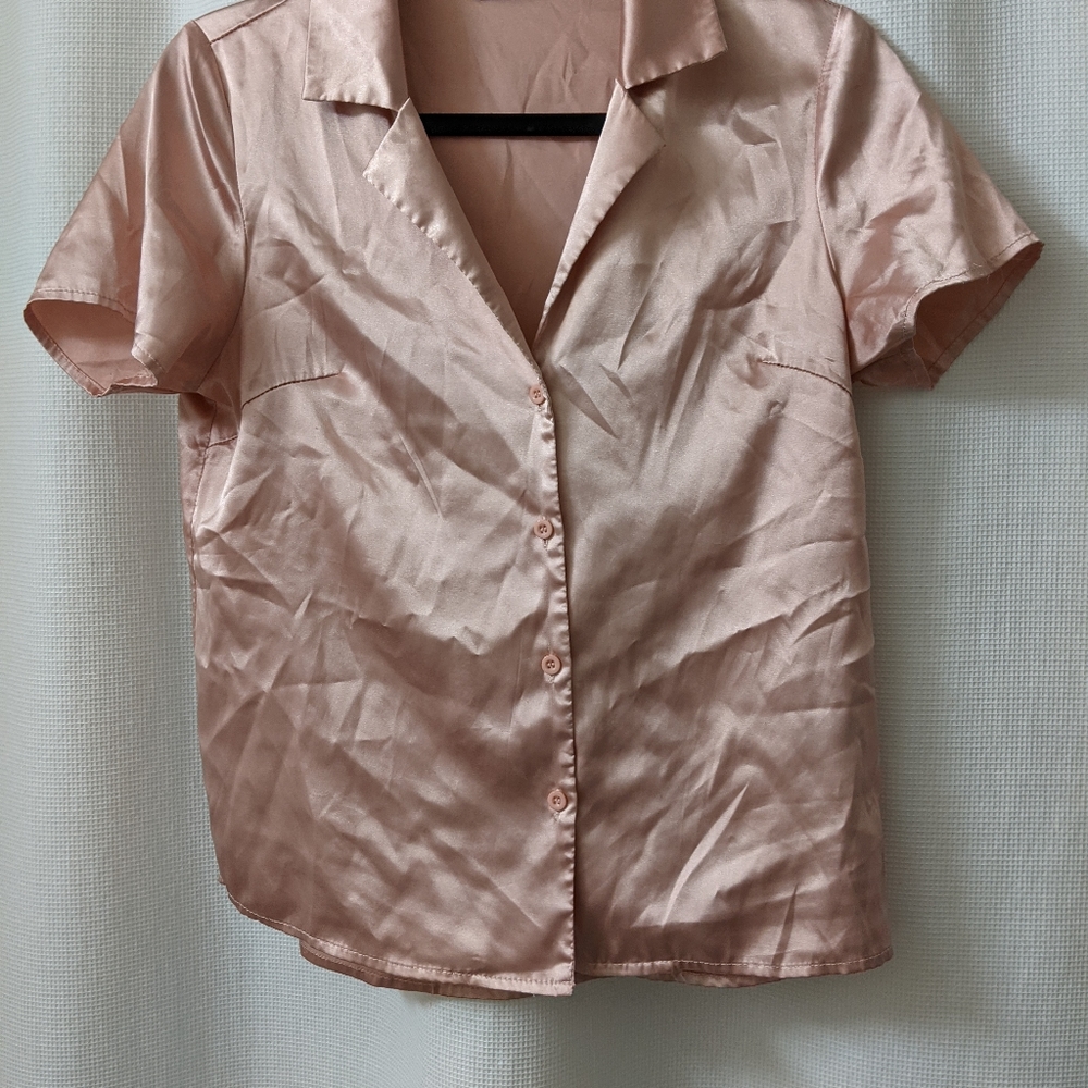 Light pink satin button up short sleeve blouse